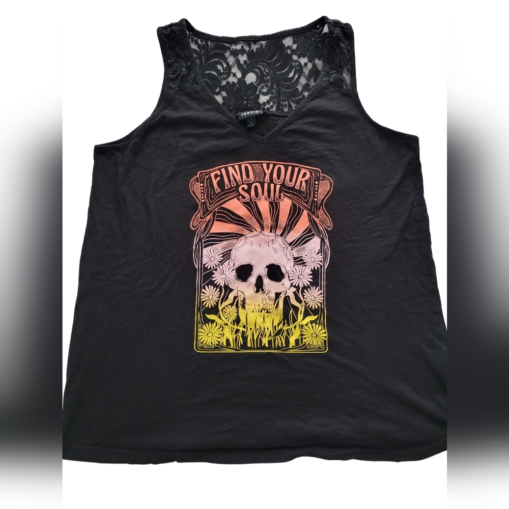 Torrid Black Skull Tank Top Lace Accents Size 0 Boho Goth Style "FIND YOUR SOUL"